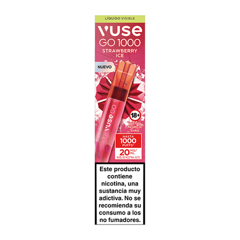 El envase del vaporizador Vuse Go 1000 - Fresa Ice presenta un fondo rosa con el desechable Vuse y fresas. El texto indica que contiene nicotina y no está recomendado para no fumadores.