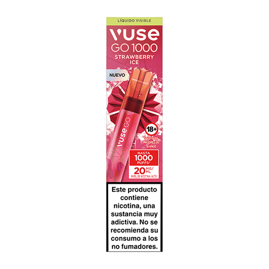El envase del vaporizador Vuse Go 1000 - Fresa Ice presenta un fondo rosa con el desechable Vuse y fresas. El texto indica que contiene nicotina y no está recomendado para no fumadores.