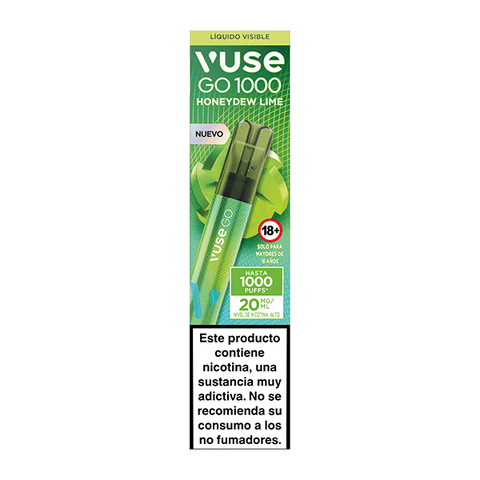 Un paquete verde de Vuse Go 1000 - Lima Melón muestra dos vaporizadores desechables, cada uno con una etiqueta de hasta 1000 caladas, 20 mg/ml de nicotina y una advertencia de nicotina en español en la parte inferior.