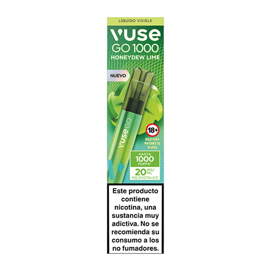 Un paquete verde de Vuse Go 1000 - Lima Melón muestra dos vaporizadores desechables, cada uno con una etiqueta de hasta 1000 caladas, 20 mg/ml de nicotina y una advertencia de nicotina en español en la parte inferior.