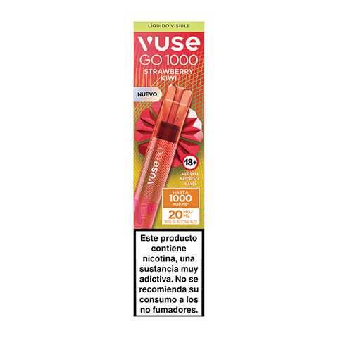 El Vuse Go 1000 - Fresa Kiwi de Vuse tiene un envase con 1000 caladas, 20 mg/mL de nicotina y un aviso de nicotina en español en la parte inferior.