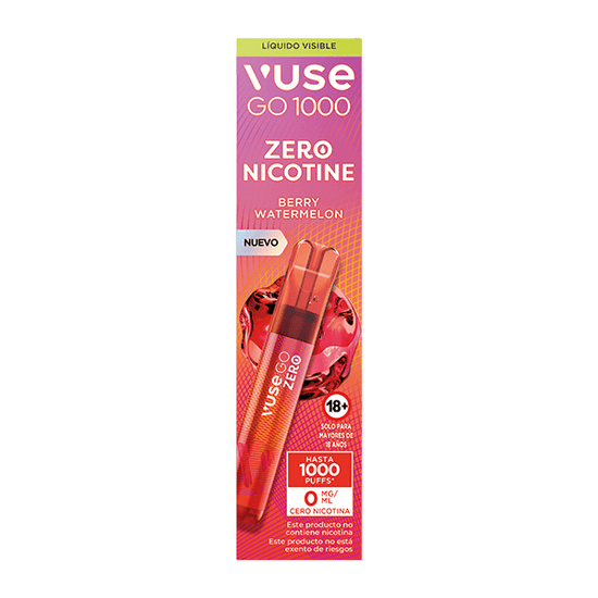 Vuse Go 1000 - Frutos Rojos y Sandía, desechable sin nicotina. Empaque rosa y rojo con frutas, rinde hasta 1000 caladas. Solo para mayores de 18 años. Marca: Vuse.