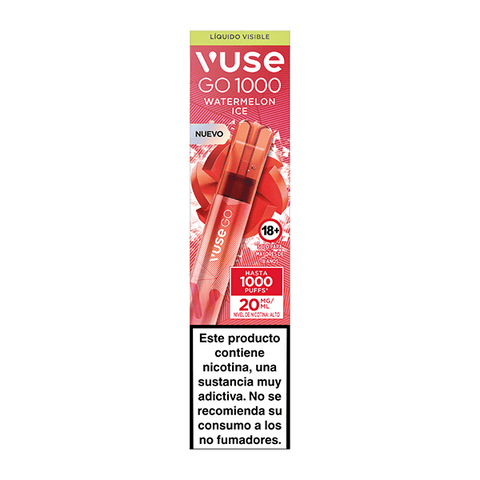 Envase rectangular de Vuse Go 1000 - Sandía Ice de Vuse, en el que se muestra el producto, el contenido de nicotina de 20mg/ml y una advertencia en español que indica que la nicotina es adictiva y no apta para no fumadores.