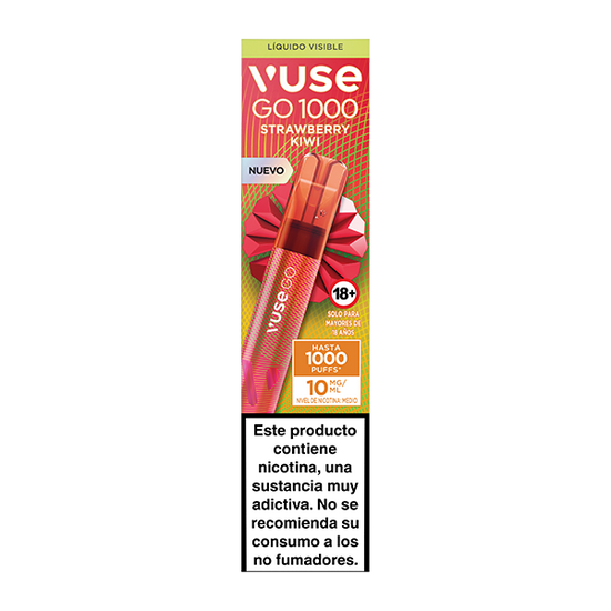 La caja roja rectangular de Vuse Go 1000 - Fresa Kiwi de Vuse muestra imágenes de vapeo, información de sabor y advertencias sanitarias en español que indican que la nicotina es adictiva y no apta para no fumadores.