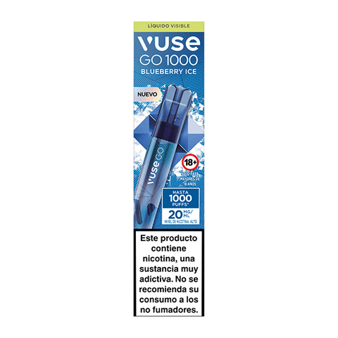 El envase del vaporizador Vuse Go 1000 - Arándano Ice presenta dos bolígrafos desechables de color azul. Destacan sus 1000 caladas, 20 mg/ml de nicotina y una advertencia: contiene nicotina, no apto para no fumadores. Marca: Vuse.