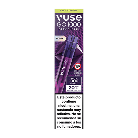 Vuse Go 1000 - Cereza de la marca Vuse. El empaque morado exhibe el dispositivo y advertencias de nicotina, incluyendo: "No se recomienda su consumo a los no fumadores".