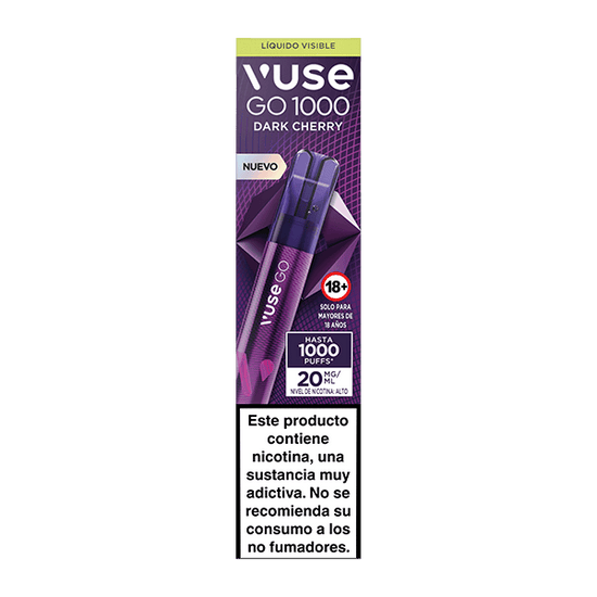 Vuse Go 1000 - Cereza de la marca Vuse. El empaque morado exhibe el dispositivo y advertencias de nicotina, incluyendo: "No se recomienda su consumo a los no fumadores".