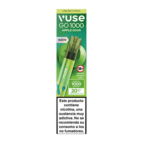 Caja de Vuse Go 1000 - Manzana Verde de la marca Vuse. Vaper desechable con empaque verde y dispositivo centrado. Advertencia: Este producto contiene nicotina, sustancia muy adictiva. No recomendado para no fumadores.