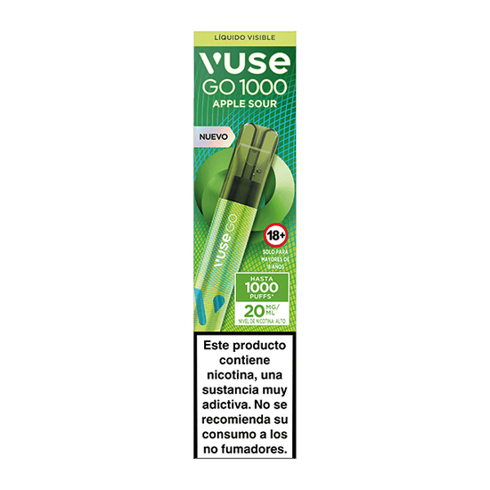 Caja de Vuse Go 1000 - Manzana Verde de la marca Vuse. Vaper desechable con empaque verde y dispositivo centrado. Advertencia: Este producto contiene nicotina, sustancia muy adictiva. No recomendado para no fumadores.