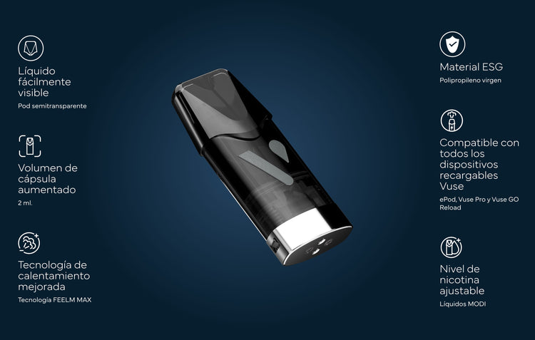 Una cápsula de vapeo negra centrada sobre un fondo azul oscuro, con texto e iconos blancos que describen sus características: líquido visible, cápsula más grande de 2 ml, calentamiento mejorado, material ESG, compatibilidad con dispositivos Vuse y niveles de nicotina ajustables.