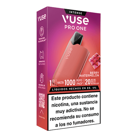 Un vape Vuse Pro One Box - Frutos Rojos y Sandía de Vuse, con capacidad para 1000 caladas, 20mg de nicotina, imagen de un dispositivo reutilizable de color rosa, y una advertencia en español: contiene nicotina; no recomendado para no fumadores.