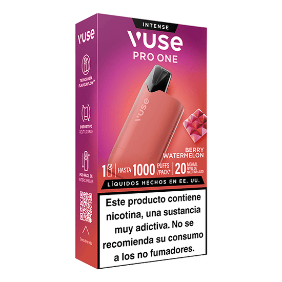Un vape Vuse Pro One Box - Frutos Rojos y Sandía de Vuse, con capacidad para 1000 caladas, 20mg de nicotina, imagen de un dispositivo reutilizable de color rosa, y una advertencia en español: contiene nicotina; no recomendado para no fumadores.
