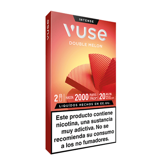 Envase rectangular Vuse Pods - Doble Melón con degradado rojo-naranja, gráficos abstractos de rodajas de melón y una advertencia de nicotina en español en la parte inferior, sobre fondo blanco.
