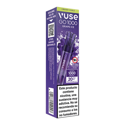 Caja rectangular morada de Vuse Go 1000 - Uva Ice de Vuse, con la marca del producto, imagen del vaporizador, advertencia de nicotina en español y código QR. Solo para mayores de 18 años; no recomendado para no fumadores.