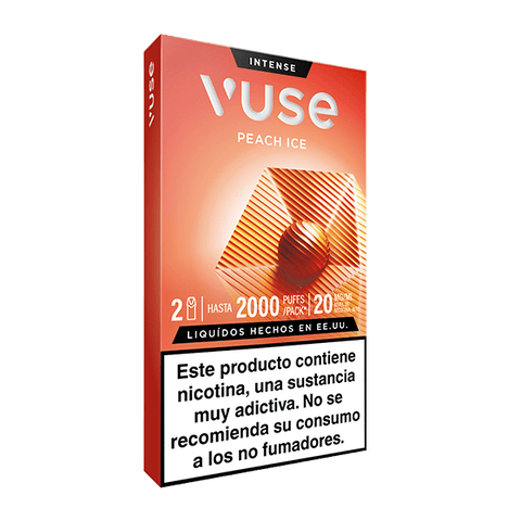 El envase de Vuse Pods - Melocotón Ice de Vuse tiene un diseño geométrico y de melocotón. La caja dice 2 vainas, hasta 2000 caladas por paquete, 20 mg / ml de nicotina, y una advertencia de adicción a la nicotina español en la parte inferior.