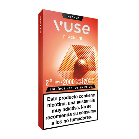 El envase de Vuse Pods - Melocotón Ice de Vuse tiene un diseño geométrico y de melocotón. La caja dice 2 vainas, hasta 2000 caladas por paquete, 20 mg / ml de nicotina, y una advertencia de adicción a la nicotina español en la parte inferior.