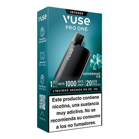 Caja Vuse Pro One Box - Menta Ice de la marca Vuse, hasta 1000 inhalaciones, 20 mg/ml, dispositivo reutilizable negro compatible con recargas Vuse y advertencia en español sobre nicotina.