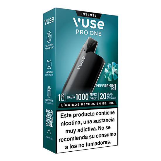 Caja Vuse Pro One Box - Menta Ice de la marca Vuse, hasta 1000 inhalaciones, 20 mg/ml, dispositivo reutilizable negro compatible con recargas Vuse y advertencia en español sobre nicotina.