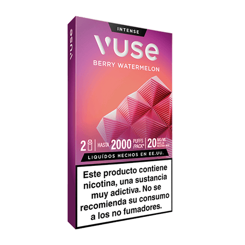 Una caja rosa y morada de Vuse Pods - Frutos Rojos y Sandía muestra 2000 caladas/paquete y 20 mg/ml. Una advertencia en español indica que la nicotina es adictiva y no apta para no fumadores. Marca: Vuse.
