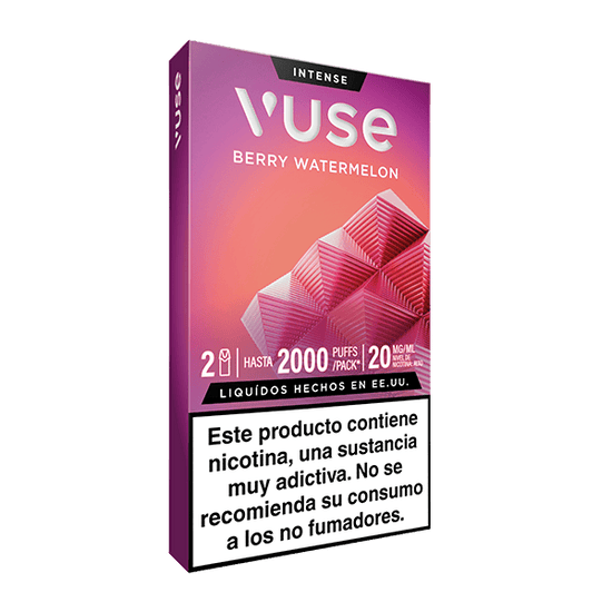 Una caja rosa y morada de Vuse Pods - Frutos Rojos y Sandía muestra 2000 caladas/paquete y 20 mg/ml. Una advertencia en español indica que la nicotina es adictiva y no apta para no fumadores. Marca: Vuse.
