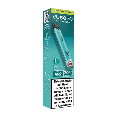 Caja de Vuse Go Reload 1000 - Menta Ice vape desechable de Vuse. Embalaje verde azulado cuenta con recargas de sabor, imágenes de productos, advertencias de nicotina, y el texto que indica que es sólo para adultos mayores de 18 años.