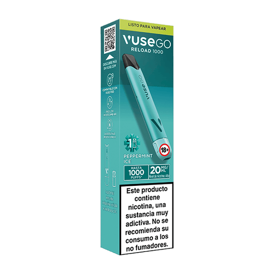 Caja de Vuse Go Reload 1000 - Menta Ice vape desechable de Vuse. Embalaje verde azulado cuenta con recargas de sabor, imágenes de productos, advertencias de nicotina, y el texto que indica que es sólo para adultos mayores de 18 años.