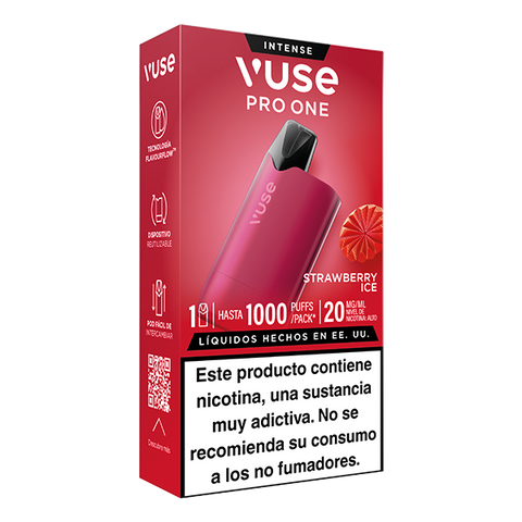 Una caja de Vuse Pro One - Fresa Ice de Vuse presenta un diseño rojo con la imagen de una rodaja de fresa. La etiqueta en español advierte sobre la naturaleza adictiva de la nicotina e indica que las recargas Vuse no son aptas para no fumadores.