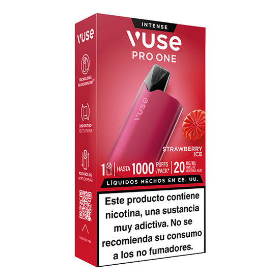 Una caja de Vuse Pro One - Fresa Ice de Vuse presenta un diseño rojo con la imagen de una rodaja de fresa. La etiqueta en español advierte sobre la naturaleza adictiva de la nicotina e indica que las recargas Vuse no son aptas para no fumadores.