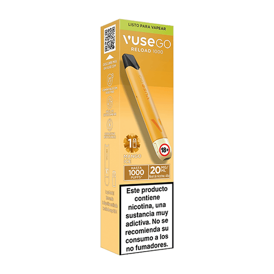 La caja amarilla del Vuse Go Reload 1000 - Mango Ice de Vuse muestra imágenes del producto, una advertencia de nicotina en español, iconos de recargas de sabor, hasta 1000 caladas y dispositivo recargable con 20 mg/mL de potencia de nicotina.