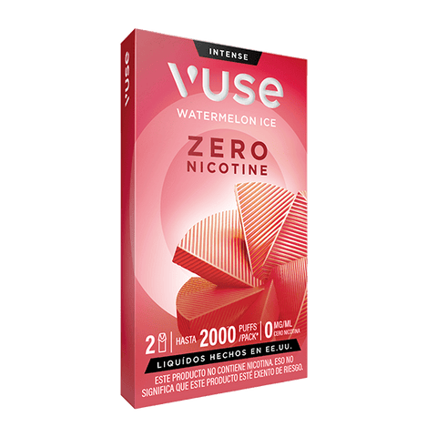 Una caja roja y rosa de Vuse Pods - Sandía Ice de Vuse, con gráficos abstractos de rodajas de sandía y texto que destaca 2000 caladas, cero nicotina y fabricado en EE.UU.