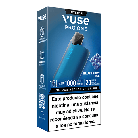 Un vape Vuse Pro One Box - Arándano Ice de Vuse ofrece hasta 1000 caladas/paquete y 20 mg/ml de nicotina. Compatible con recargas Vuse, este dispositivo reutilizable incluye una advertencia española visible de nicotina.