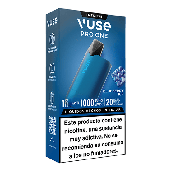Un vape Vuse Pro One Box - Arándano Ice de Vuse ofrece hasta 1000 caladas/paquete y 20 mg/ml de nicotina. Compatible con recargas Vuse, este dispositivo reutilizable incluye una advertencia española visible de nicotina.