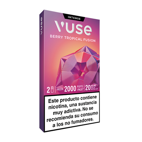 Vuse Pods: envase de cigarrillos electrónicos desechables Berry Tropical Fusion con una etiqueta de advertencia sanitaria en español y una capacidad de 2.000 caladas.
