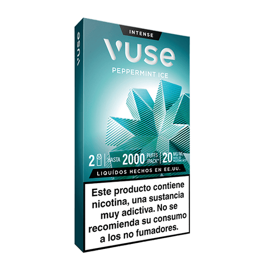 Caja de Vuse Pods - Menta Ice de Vuse, con envase azul y diseño de hojas de menta. La advertencia en español indica que el producto contiene nicotina y no está recomendado para no fumadores.