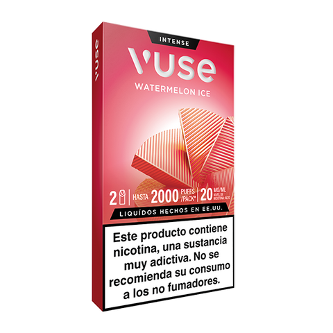 El envase rosa y rojo de Vuse Pods - Sandía Ice de Vuse incluye una advertencia en español sobre la adicción a la nicotina y que no es apto para no fumadores. La caja indica hasta 2000 caladas y 20 mg/ml de nicotina.