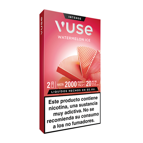 El envase rosa y rojo de Vuse Pods - Sandía Ice de Vuse incluye una advertencia en español sobre la adicción a la nicotina y que no es apto para no fumadores. La caja indica hasta 2000 caladas y 20 mg/ml de nicotina.