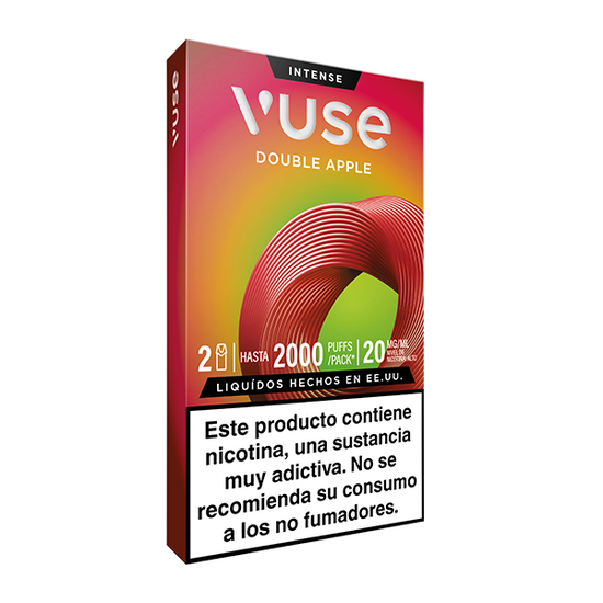 Caja de Vuse Pods - Doble Manzana de Vuse, en envase rojo y verde, etiquetado 2000 caladas, 20 mg/mL de nicotina, con advertencia en español para no fumadores en la parte inferior.