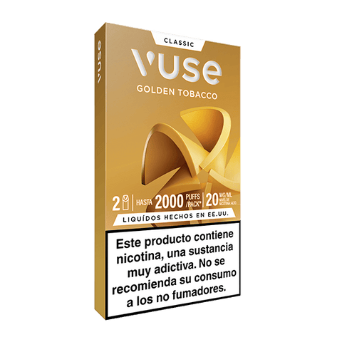 Una caja de Vuse Pods - Tabaco de Vuse, en envase dorado y blanco, muestra "hasta 2000 caladas/paquete" y una advertencia de nicotina en español que advierte de que es adictivo y no recomendado para no fumadores.