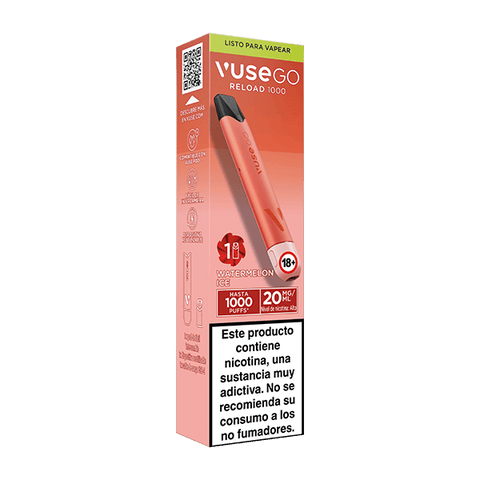 Envase rojo y rosa de Vuse Go Reload 1000 - Sandía Ice con diseño compacto, imagen del producto, advertencia de nicotina en español, información sobre caladas/nicotina, símbolo "18+" para adultos y dispositivo recargable. Marca: Vuse.