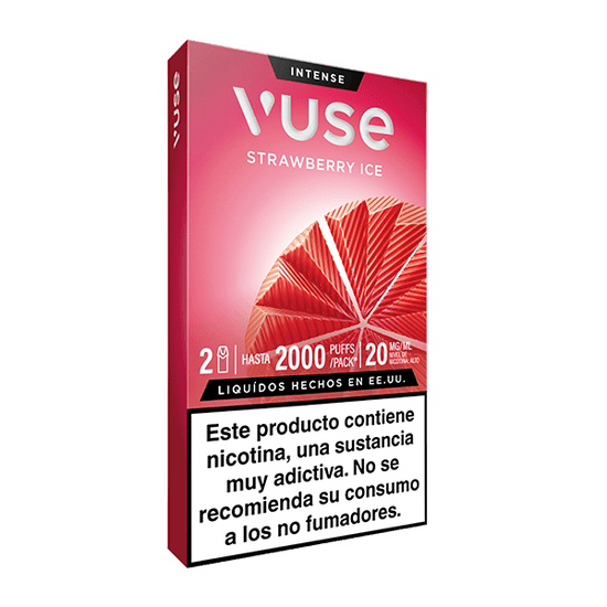 Una caja de Vuse Pods - Fresa Ice de Vuse, con un diseño geométrico rojo de fresa, ofrece 2000 caladas y 20mg/ml de nicotina. El envase incluye una advertencia de adicción a la nicotina en español.