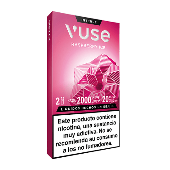 Una caja rosa de Vuse Pods - Frambuesa Ice de Vuse, con diseños geométricos de frambuesa. La caja muestra 2000 caladas por paquete, 20 mg/ml de nicotina, y una advertencia de adicción a la nicotina en español en la parte inferior.