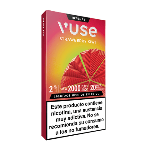 Una caja roja de Vuse Pods - Fresa y Kiwi muestra una imagen de fresa y kiwi en rodajas. Menciona hasta 2000 caladas, 20 mg/ml, y tiene una advertencia de nicotina en español en la parte inferior. Marca: Vuse.