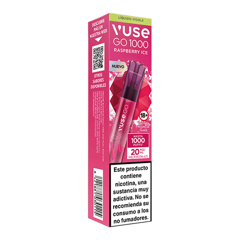 Una caja rosa de Vuse Go 1000 - Frambuesa Ice de Vuse muestra el dispositivo y las advertencias en español de que la nicotina es adictiva y no está recomendada para no fumadores.
