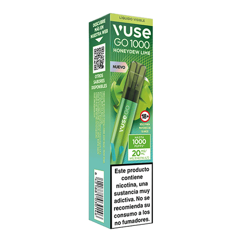 El envase verde y blanco de Vuse Go 1000 - Lima Melón de Vuse muestra el dispositivo, el sabor, advertencias en español como un aviso de nicotina, y una etiqueta sólo para adultos (18+).