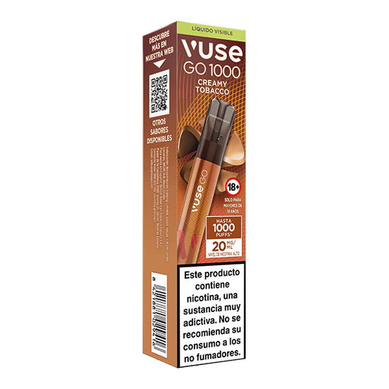 El Vuse Go 1000 - Tabaco de la marca Vuse ofrece hasta 1000 caladas y contiene 20 mg/ml de nicotina, con advertencia en español sobre adicción a la nicotina.