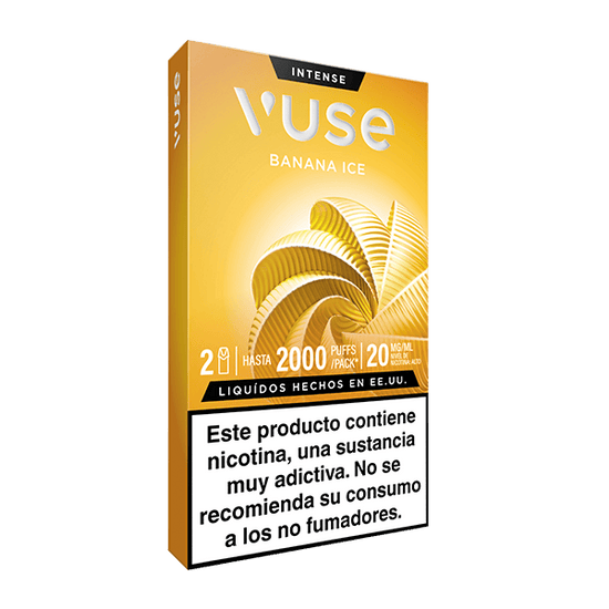 Vuse Pods - Banana Ice de Vuse presentan un diseño de caja dorado y amarillo con la etiqueta que dice Hasta 2000 caladas, 20 mg/ml nicotina, además de una advertencia de nicotina en español en la parte inferior.