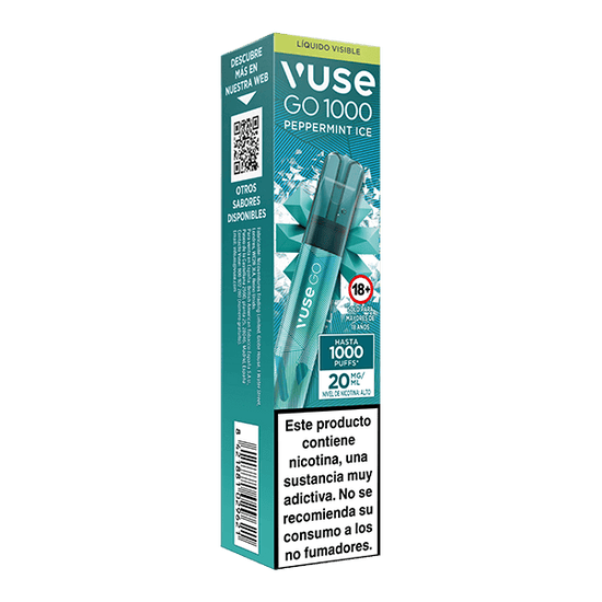 Una caja de Vuse Go 1000 - Menta Ice de Vuse con imágenes mentoladas, advertencias de nicotina en español, marcada 18+, ofrece hasta 1000 caladas y contiene 20 mg/ml de nicotina.