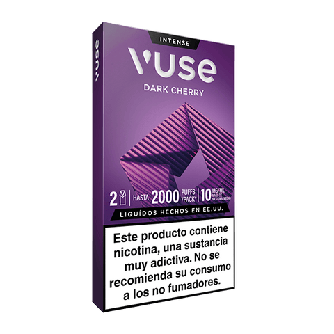 Cartucho Vuse Pods - Dark Cherry de la marca Vuse, color morado, con advertencia en español: "Este producto contiene nicotina, una sustancia muy adictiva. No se recomienda su consumo a los no fumadores".