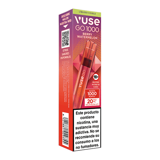 El Vuse Go 1000 - Frutos Rojos y Sandía de Vuse ofrece hasta 1000 caladas, viene en empaque rojo y morado, e incluye advertencia en español sobre nicotina. Solo para adultos mayores de 18 años.