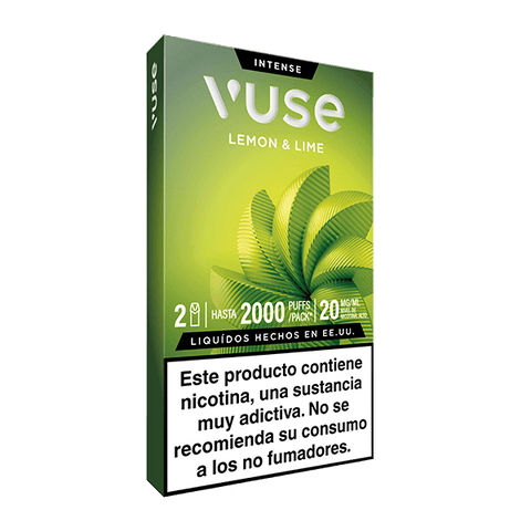 Vuse Pods - Lima Limón de Vuse presentan un diseño de hojas verdes. El texto advierte: "Este producto contiene nicotina, una sustancia muy adictiva. No se recomienda su consumo a los no fumadores".